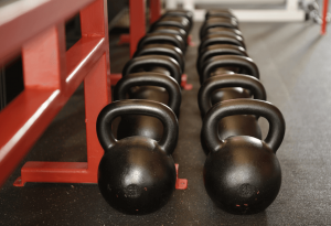 Kettlebells on the floor at the gym
